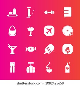 Premium set with fill vector icons. Such as soup, summer, plane, drink, microphone, gym, alcohol, music, paper, clothing, pants, meal, notebook, food, ice, book, sign, radio, transportation, equipment
