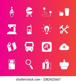 Premium set with fill vector icons. Such as fun, grill, road, cloud, destination, internet, mobile, point, dessert, bed, position, cup, cake, transport, birthday, pin, sew, drink, meat, clown, bus