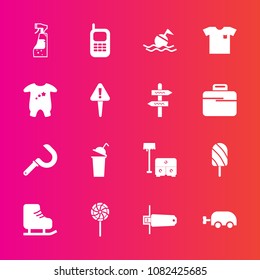 Premium set with fill vector icons. Such as sweet, drink, lollipop, sport, flash, table, sofa, card, lifebuoy, new, harvest, mobile, bottle, farming, telephone, spray, skating, memory, food, white
