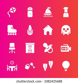 Premium set with fill vector icons. Such as film, food, comfortable, spice, baby, sea, parachute, family, kite, underwater, pepper, child, summer, kid, house, seasoning, handle, furniture, home, sky