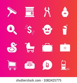 Premium set with fill vector icons. Such as call, rubber, roller, communication, repair, bag, interior, fashion, window, object, room, toy, phone, home, duck, pram, tool, service, retail, health, play