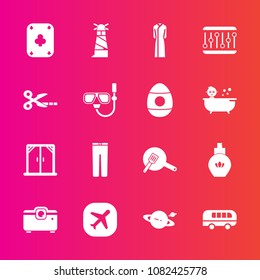 Premium set with fill vector icons. Such as pants, bus, bottle, poker, transport, planet, sea, ocean, astronomy, house, plane, cooking, trousers, beauty, projector, window, food, cut, aroma, game, pan