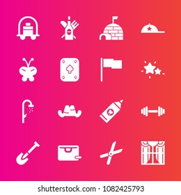 Premium set with fill vector icons. Such as window, headwear, arctic, shovel, tool, home, wine, fitness, shower, hat, clothing, fashion, equipment, luggage, snow, house, ice, pruning, clean, glass, 