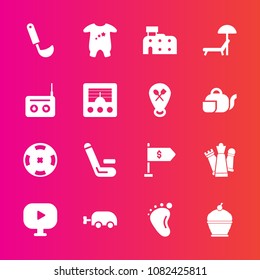 Premium set with fill vector icons. Such as small, poker, finance, child, beach, cake, umbrella, newborn, king, location, foot, strategy, championship, kid, competitive, carriage, summer, clothes, pie