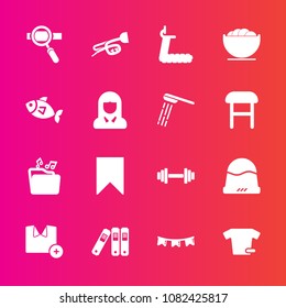 Premium set with fill vector icons. Such as headwear, happy, celebration, seafood, fashion, bath, clothes, white, shirt, fitness, cap, sport, bookmark, background, face, dish, shower, research, fish