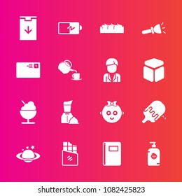 Premium set with fill vector icons. Such as light, baby, book, paper, dessert, apple, sweet, mail, lamp, food, icecream, kid, sign, cream, notebook, page, space, planet, chocolate, healthy, full, web