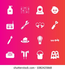 Premium set with fill vector icons. Such as bag, sea, sound, painter, house, sport, hot, soap, baby, woman, cute, liquid, shipping, child, truck, object, sad, young, face, brush, transport, audio, hat