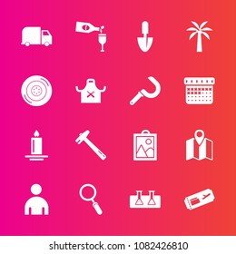 Premium set with fill vector icons. Such as automobile, hammer, wrench, , tire, service, shovel, red, candle, auto, zoom, wheel, map, tool, laboratory, image, location, road, alcohol, wine, picture