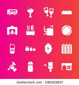 Premium set with fill vector icons. Such as weight, restroom, bar, calendar, pepper, road, gadget, industry, drink, spice, wine, bathroom, cocktail, helmet, technology, glass, desk, bus, transport, wc