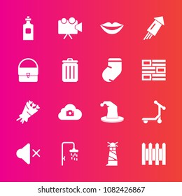 Premium set with fill vector icons. Such as female, sea, cloud, photo, beacon, firework, holiday, girl, flower, volume, glass, floral, sound, bouquet, equipment, beverage, video, screen, mute, shower