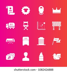 Premium set with fill vector icons. Such as bird, clothes, seat, bedroom, document, architecture, transport, clothing, conditioner, bed, map, cargo, music, wildlife, paint, conditioning, city, king