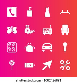 Premium set with fill vector icons. Such as power, kitchen, book, clean, candy, cook, voice, karaoke, apron, phone, vehicle, microphone, full, sign, energy, cursor, industrial, battery, pinafore, car