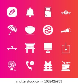 Premium set with fill vector icons. Such as call, cloakroom, umbrella, fan, musical, flight, japanese, safety, weather, pc, air, japan, web, airplane, headset, drum, protection, internet, sound, ring