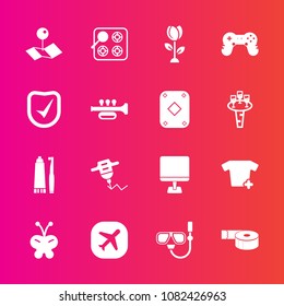 Premium set with fill vector icons. Such as plane, blossom, hand, sticky, laptop, fashion, snorkel, office, spring, cook, pointer, drill, machine, pc, map, dental, insect, computer, white, beauty, pin