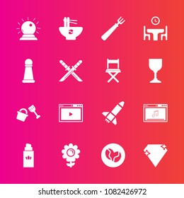 Premium set with fill vector icons. Such as perfume, bowl, internet, spoon, gem, strategy, food, king, samurai, aroma, weapon, web, diamond, rocket, fashion, beauty, dinner, chess, caffeine, home