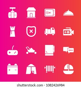 Premium set with fill vector icons. Such as shop, page, talk, dress, equipment, grass, bank, joystick, hot, safe, ship, restaurant, bubble, full, sale, speech, gardening, cable, adventure, garden, car