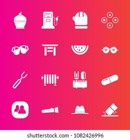 Premium set with fill vector icons. Such as station, gasoline, spoon, lamp, dinner, social, fun, rubber, night, fork, flashlight, dessert, medicine, medical, heater, water, warm, season, scarf, game