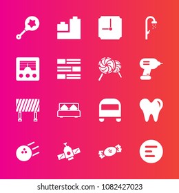 Premium set with fill vector icons. Such as sign, bedroom, toy, child, double, baby, traffic, food, lollipop, healthy, white, road, ball, health, space, rattle, clock, menu, candy, pin, station, time