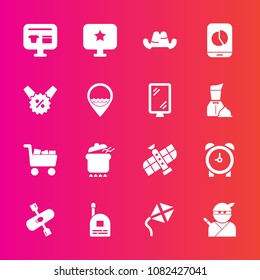 Premium set with fill vector icons. Such as alarm, japanese, technology, river, sale, computer, watch, orbit, kayaking, hour, child, cart, planet, meal, star, leisure, headwear, kite, space, business