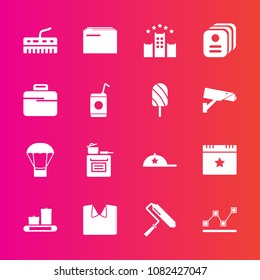 Premium set with fill vector icons. Such as hat, shirt, air, star, information, data, keyboard, file, oven, cap, card, hotel, balloon, food, new, stats, briefcase, luggage, headwear, brush, fashion