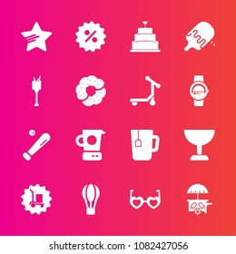 Premium set with fill vector icons. Such as sale, sunglasses, doughnut, cargo, bucket, pie, air, hot, vehicle, ball, parachute, cup, delivery, cream, warehouse, tea, sign, food, glasses, alcohol, cake