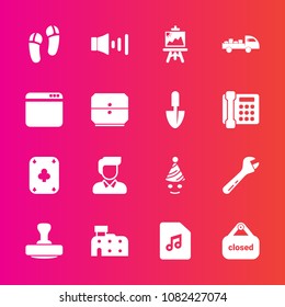Premium set with fill vector icons. Such as tool, wrench, internet, game, party, drawer, fun, shovel, shipping, delivery, stamp, speaker, browser, music, truck, drawing, play, website, birthday, sign