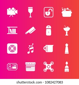 Premium set with fill vector icons. Such as liquid, alcohol, drone, id, musical, control, doughnut, unlock, fan, open, schedule, dessert, transparent, lock, projection, wine, game, sign, calendar, red