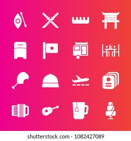 Premium set with fill vector icons. Such as meat, music, hair, business, doughnut, drink, chicken, sword, card, beauty, tea, cake, id, accordion, travel, kayak, kayaking, samurai, food, care, musical