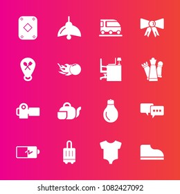 Premium set with fill vector icons. Such as drink, footwear, photographer, fashion, restaurant, baby, transport, clothing, energy, speech, bubble, talk, van, travel, bulb, power, battery, poker, play