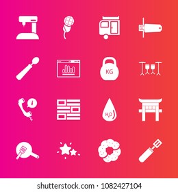 Premium set with fill vector icons. Such as torii, travel, sewing, news, vacation, astronomy, sound, night, cake, journey, sew, star, memory, caravan, japan, nature, cooking, white, mic, support, sky