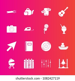 Premium set with fill vector icons. Such as flashlight, chemistry, ship, barbecue, schedule, grill, japanese, tire, meat, calendar, guitar, notebook, web, book, ocean, sign, musical, communication