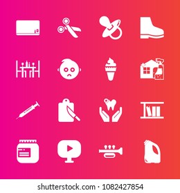 Premium set with fill vector icons. Such as coffee, child, dentist, cut, sad, white, video, fork, needle, footwear, trumpet, dessert, cutlery, equipment, school, sign, media, library, cream, food, can