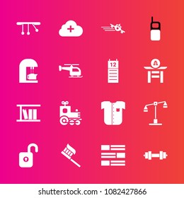 Premium set with fill vector icons. Such as clothing, flight, locomotive, cafe, law, health, judge, gym, transport, cloud, plane, train, caffeine, new, balance, coffee, add, white, shirt, espresso