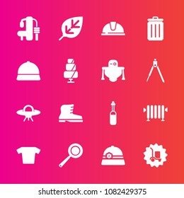 Premium set with fill vector icons. Such as pan, utensil, hat, gym, clothing, tree, footwear, ufo, shirt, equipment, work, heater, water, helmet, cooking, fashion, exercise, safety, garbage, style
