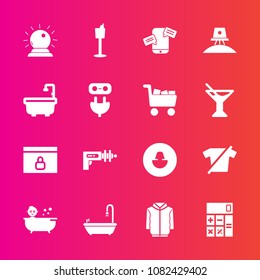 Premium set with fill vector icons. Such as shirt, power, accounting, weapon, business, finance, bathroom, energy, spaceship, lock, avatar, website, kid, clothing, calculator, astronaut, wine, phone