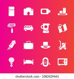 Premium set with fill vector icons. Such as bedroom, boat, roller, paint, fashion, jump, festival, fridge, household, object, roll, microwave, energy, luggage, firework, scale, refrigerator, shopping