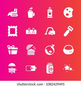 Premium set with fill vector icons. Such as battery, health, object, vehicle, night, drink, van, present, power, clean, food, full, cup, glass, bulldozer, plane, backpack, energy, school, flight, gift