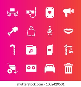 Premium set with fill vector icons. Such as sweet, play, equipment, waste, work, vehicle, file, game, speaker, wheelchair, table, , mask, desk, summer, box, office, snorkel, shovel, paper, lollipop