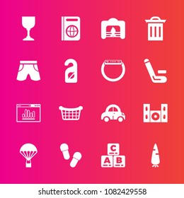 Premium set with fill vector icons. Such as toy, vegetable, tourism, play, transportation, speaker, vehicle, basket, jump, video, carrot, home, alcohol, parachuting, fresh, passport, child, technology