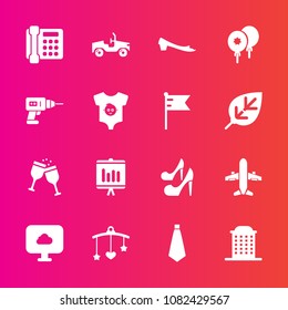 Premium set with fill vector icons. Such as annual, clothes, communication, car, decoration, plane, cloud, machine, clothing, mobile, fashion, alcohol, equipment, house, child, bed, toy, airplane, tie