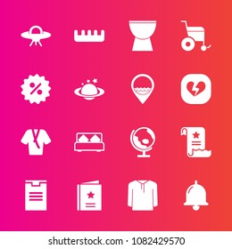 Premium set with fill vector icons. Such as bell, map, bathrobe, alien, office, furniture, ring, hair, wheelchair, brush, percussion, care, sign, call, price, alarm, spaceship, package, jacket, favour