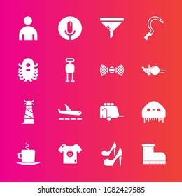 Premium set with fill vector icons. Such as space, beauty, clothes, style, voice, kid, cup, monster, baby, ocean, female, girl, lighthouse, sea, male, boy, man, plane, clean, ufo, transportation, air