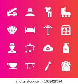 Premium set with fill vector icons. Such as spaceship, wood, staple, clothing, toy, web, farming, clinic, photo, science, brush, newborn, dentist, skate, barn, liquid, collection, clean, astronaut