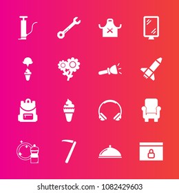 Premium set with fill vector icons. Such as equipment, bag, chief, broom, blossom, web, pump, armchair, audio, wrench, ice, music, backpack, lamp, sweet, restaurant, shine, cream, modern, website