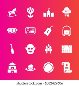 Premium set with fill vector icons. Such as child, hat, nature, monster, ball, brush, toothbrush, technology, tooth, rocket, ufo, snorkel, blossom, travel, paper, office, dental, document, spaceship