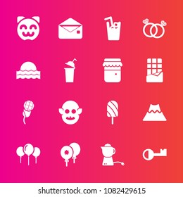 Premium set with fill vector icons. Such as ufo, wedding, birthday, sound, volcano, landscape, teapot, cat, mail, romance, diamond, key, message, fiction, crater, communication, ice, lava, engagement