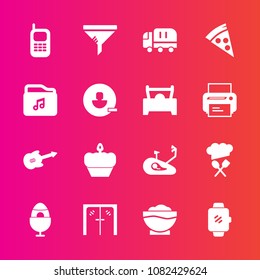 Premium set with fill vector icons. Such as file, chef, architecture, glass, pizza, watch, smart, entrance, restaurant, bike, conditioner, lunch, service, gadget, music, cargo, spring, sweet, screen