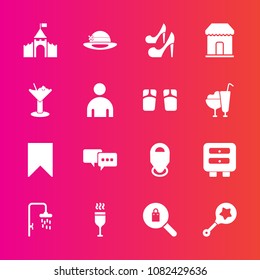 Premium set with fill vector icons. Such as location, clothes, sweet, man, dessert, clothing, drink, infant, talk, cocktail, beauty, beach, summer, fashion, red, sign, medieval, rattle, female, high