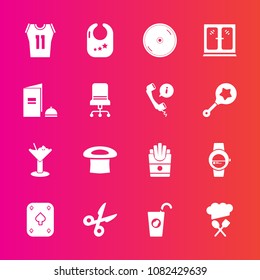 Premium set with fill vector icons. Such as interior, disc, sport, dvd, cut, book, fast, drink, snack, shirt, infant, furniture, smart, paper, cabinet, fruit, baby, game, toy, cocktail, food, french