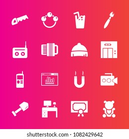 Premium set with fill vector icons. Such as magnet, cold, fluffy, juice, bear, website, business, music, award, mobile, desk, table, saw, tool, frame, child, analytics, film, shovel, office, telephone